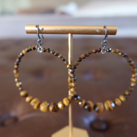 Chan Luu Tiger's Eye (70+) front facing hoops earrings 2" wide and long drops - Picture 3 of 13